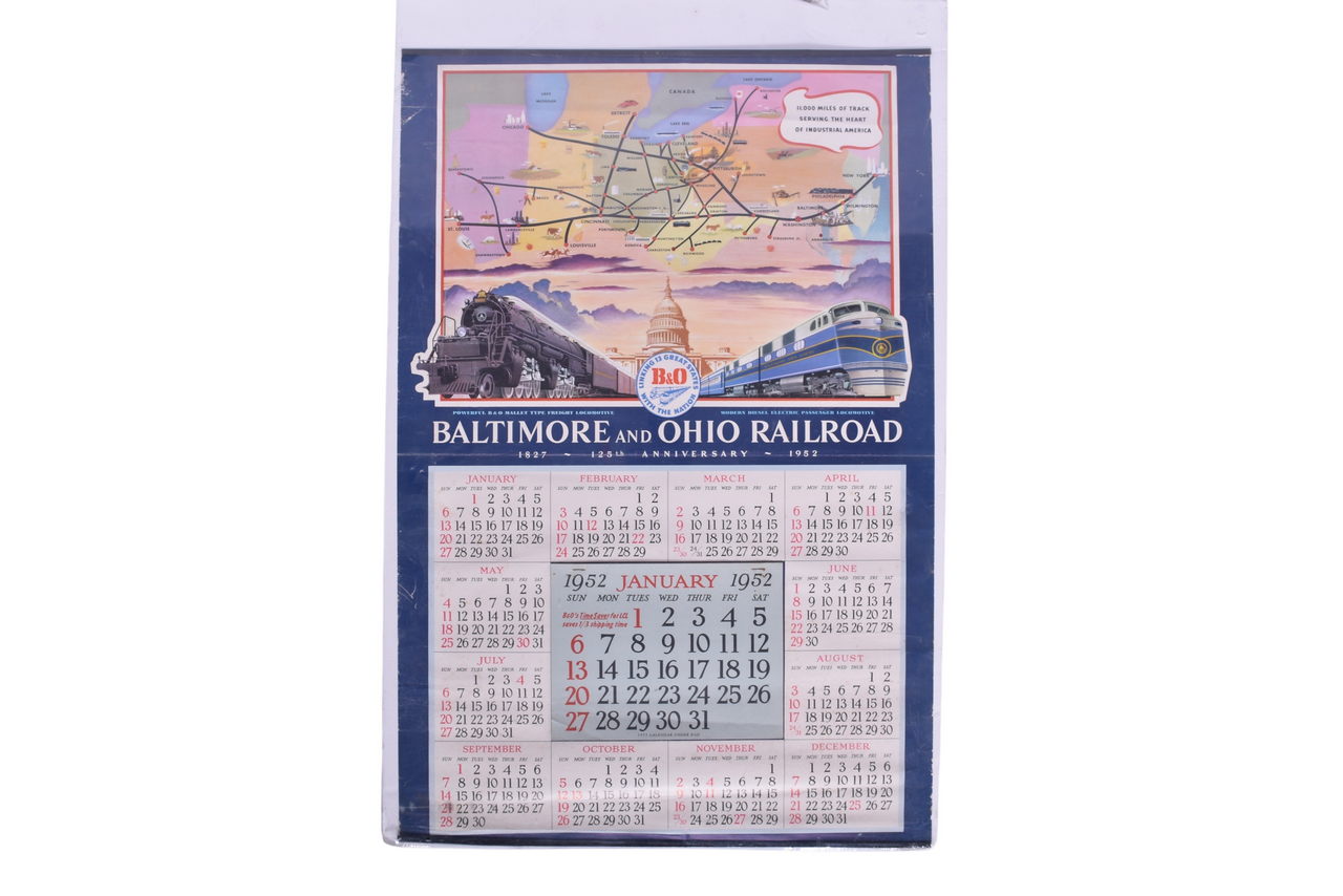 6522 - 1952 Baltimore and Ohio Centenary / Colonial Railroad Wall-Hanging Calendar thumbnail