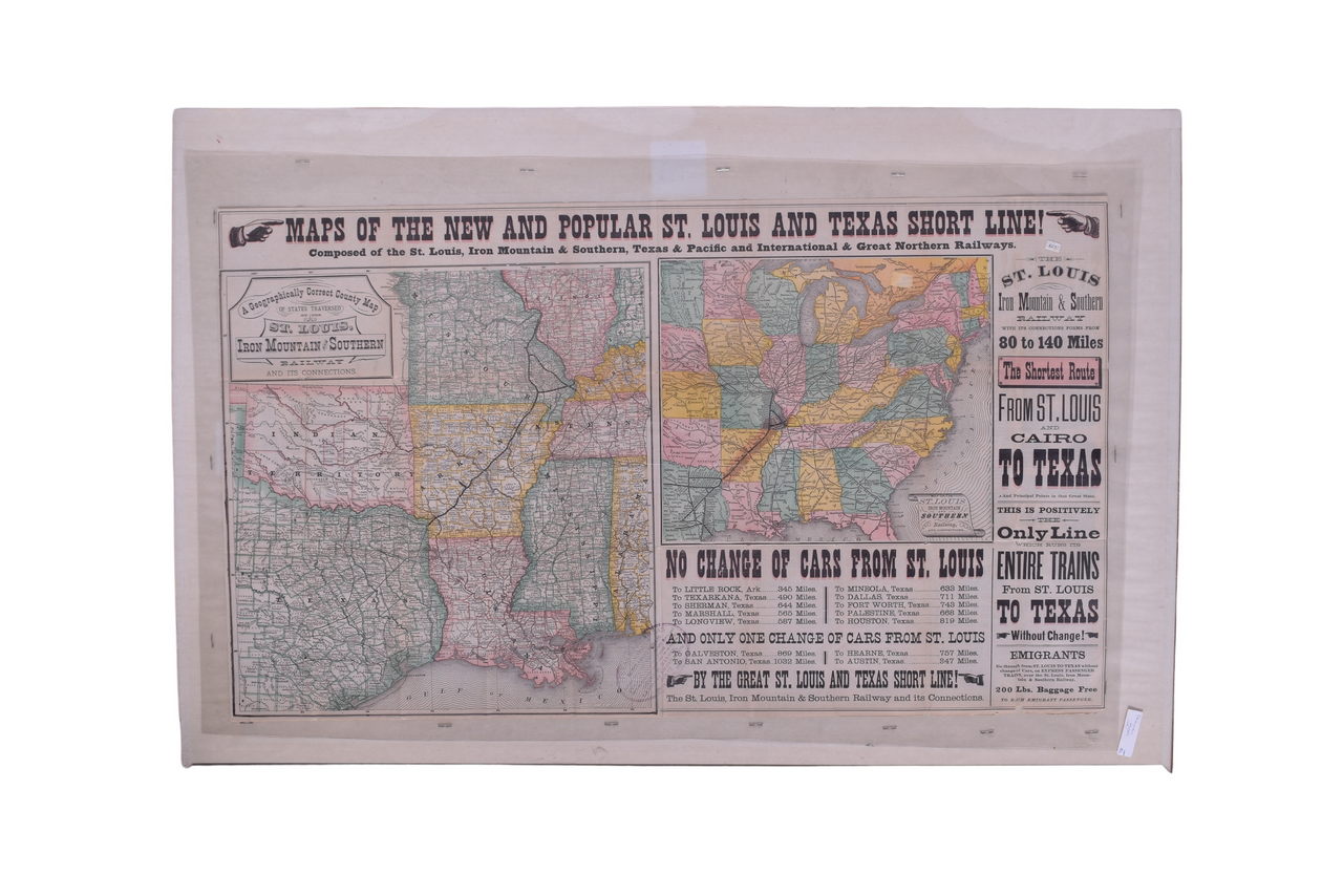 6527 - 1878 Maps of the New and Popular St. Louis and Texas Short Line Railroad Color Lithograph thumbnail