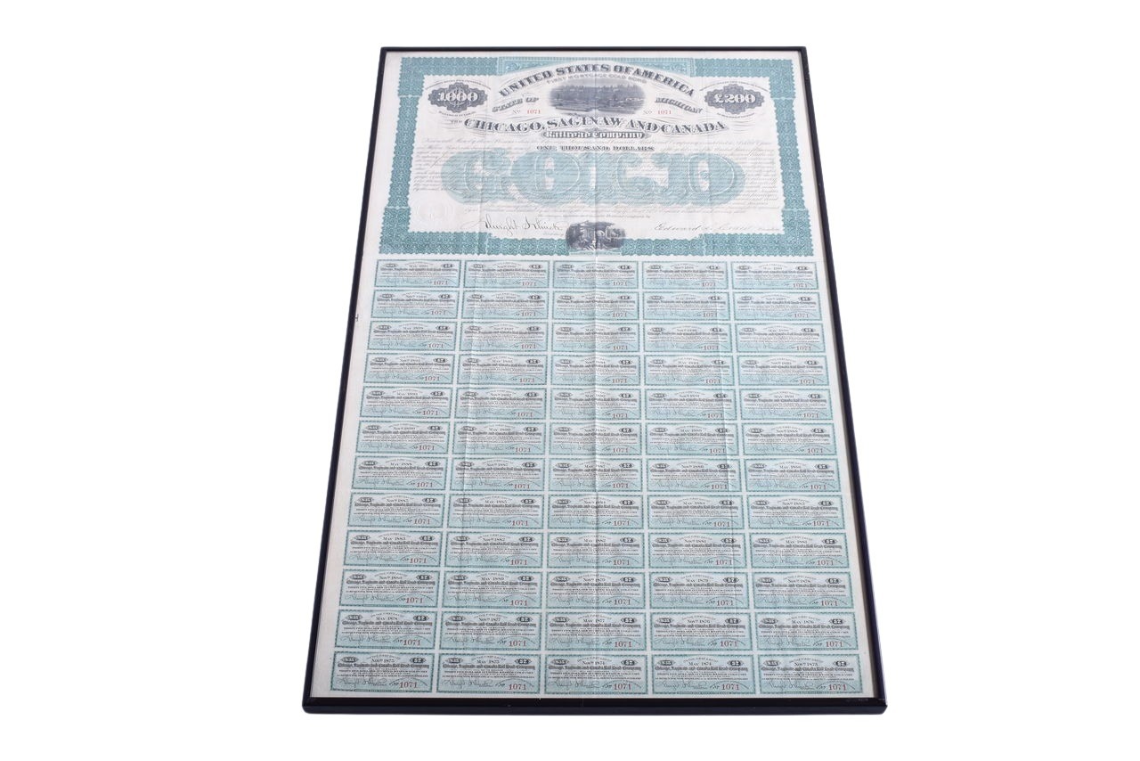6537 - 1873 Chicago, Saginaw & Canada Railroad Framed $1000 Gold Bond Certificate thumbnail