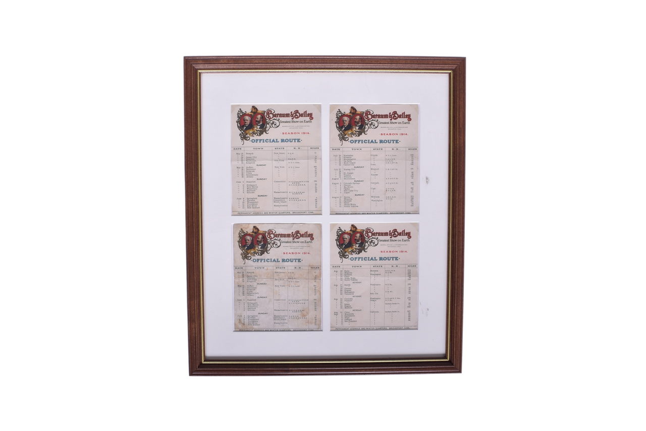 6539 - Four 1914 Barnum & Bailey Circus Official Route Cards - Pennsylvania Railroad, New York Central, Erie, and More thumbnail