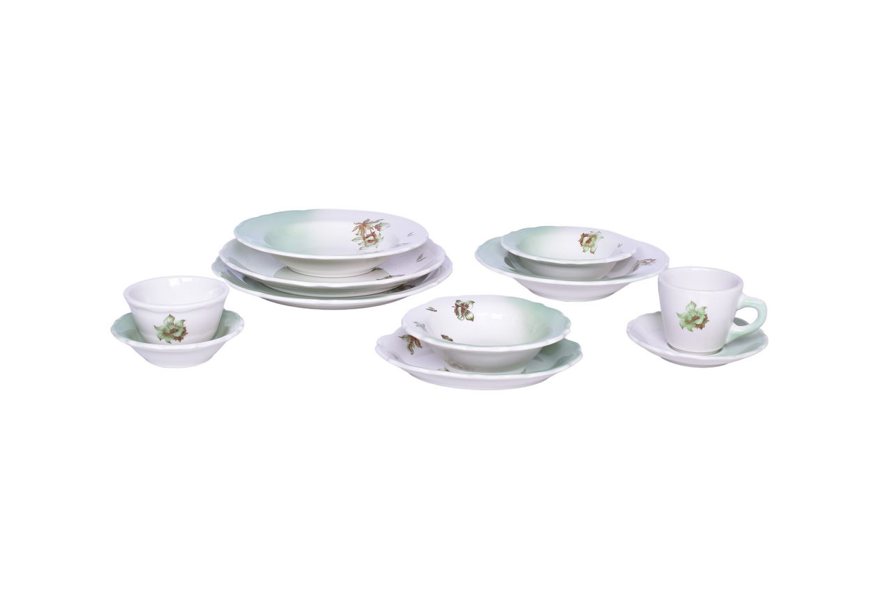 6570 - Eleven Pieces of Union Pacific Railroad Desert Flower China - Cup, Saucer, Bouillon Cup, Oval Platter, Plates, and Bowls thumbnail