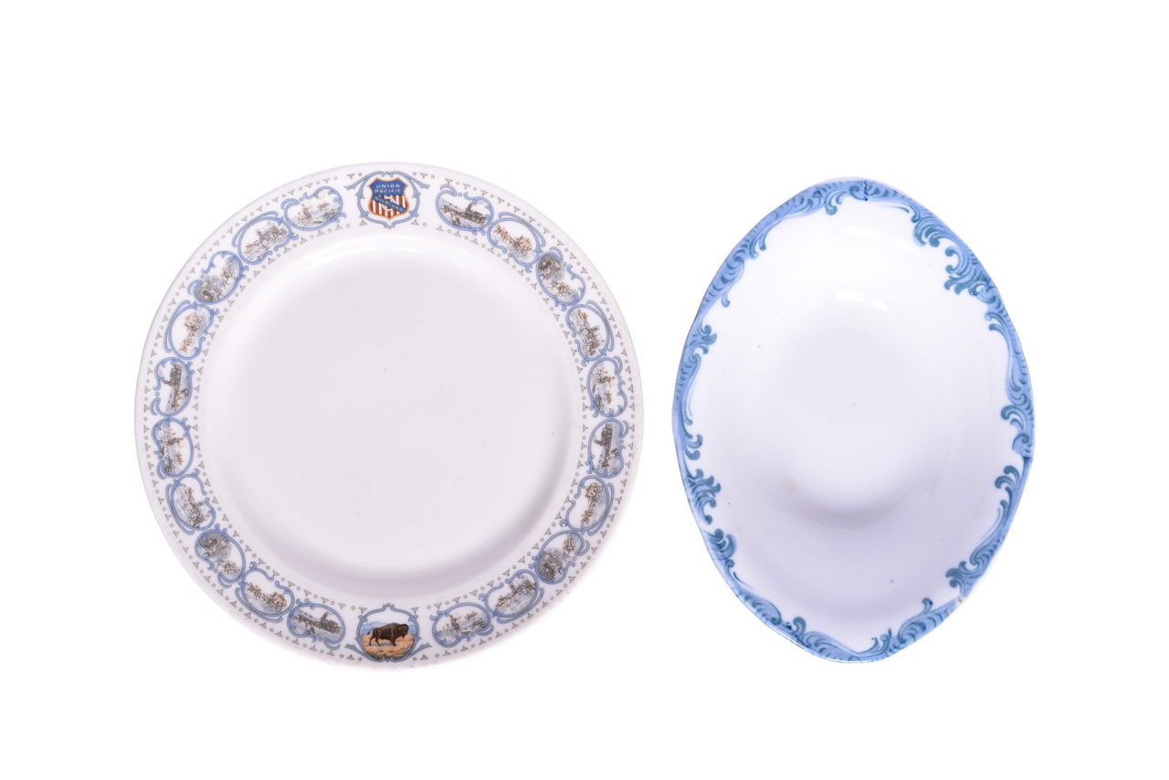 6661 - Union Pacific Railroad China Historical Bread Plate and Harriman Blue Oval Bakers Dish thumbnail