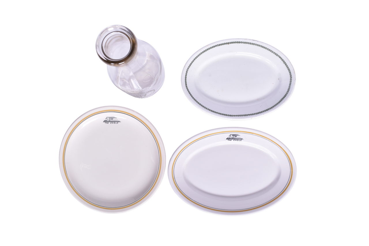 6667 - Four Pieces of Missouri Pacific and Texas & Pacific Railroad China and Glass - Eagle, Green Checkers, and One Quart Bottle thumbnail