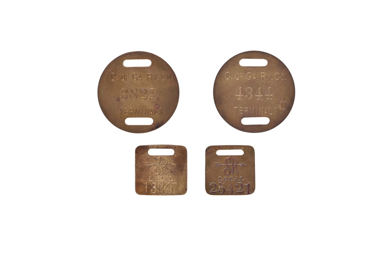6008 - Four Brass Railroad Baggage Check Tags - Southern and Central of Georgia thumbnail