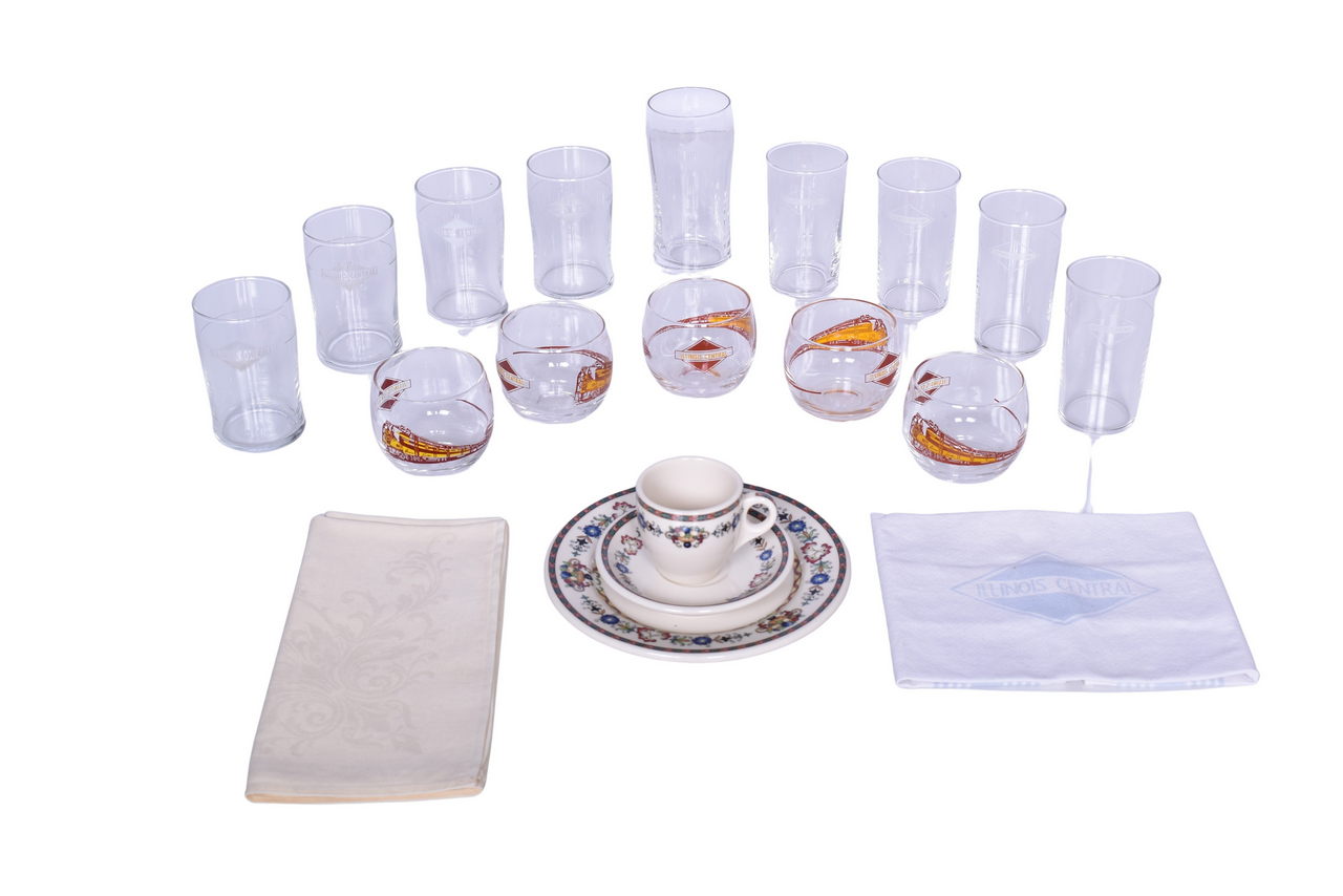 6009 - Nineteen Pieces of Illinois Central Railroad Glassware, China Plate, and Linen Napkins thumbnail