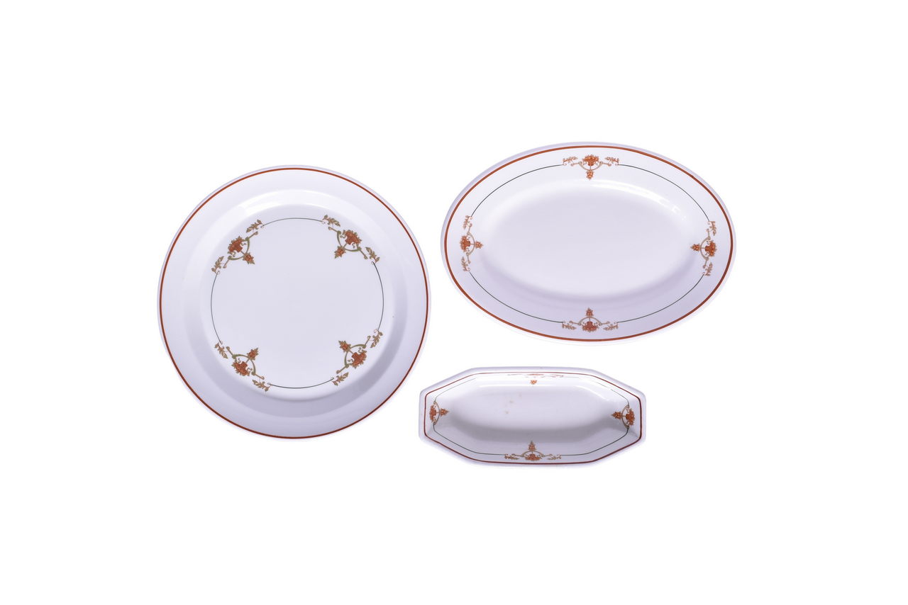 6023 - Three Pieces of Southern Railway China Peach Blossom Dinner Plate, Oval Platter, and Relish Tray thumbnail
