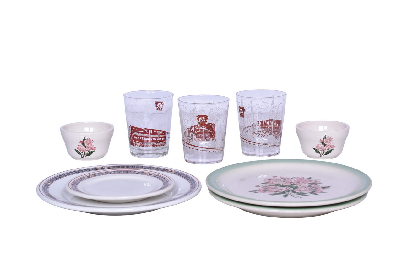 6039 - Nine Pieces of Pennsylvania Railroad Dining China and Glassware - Purple Laurel and Mountain Laurel thumbnail