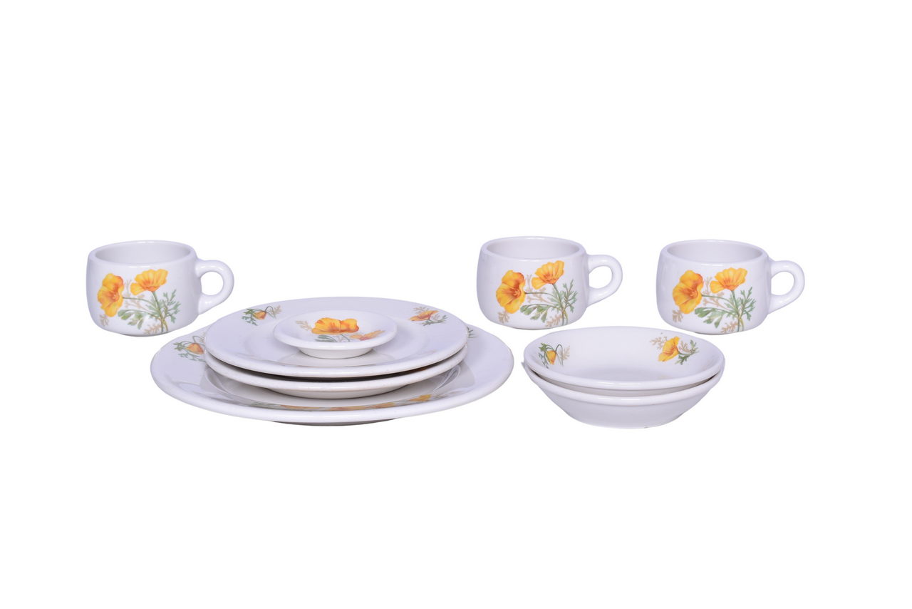 6055 - Nine Pieces of Santa Fe Railroad Syracuse California Poppy China Butter Pat, Plates, Fruit Bowls, and Cups thumbnail