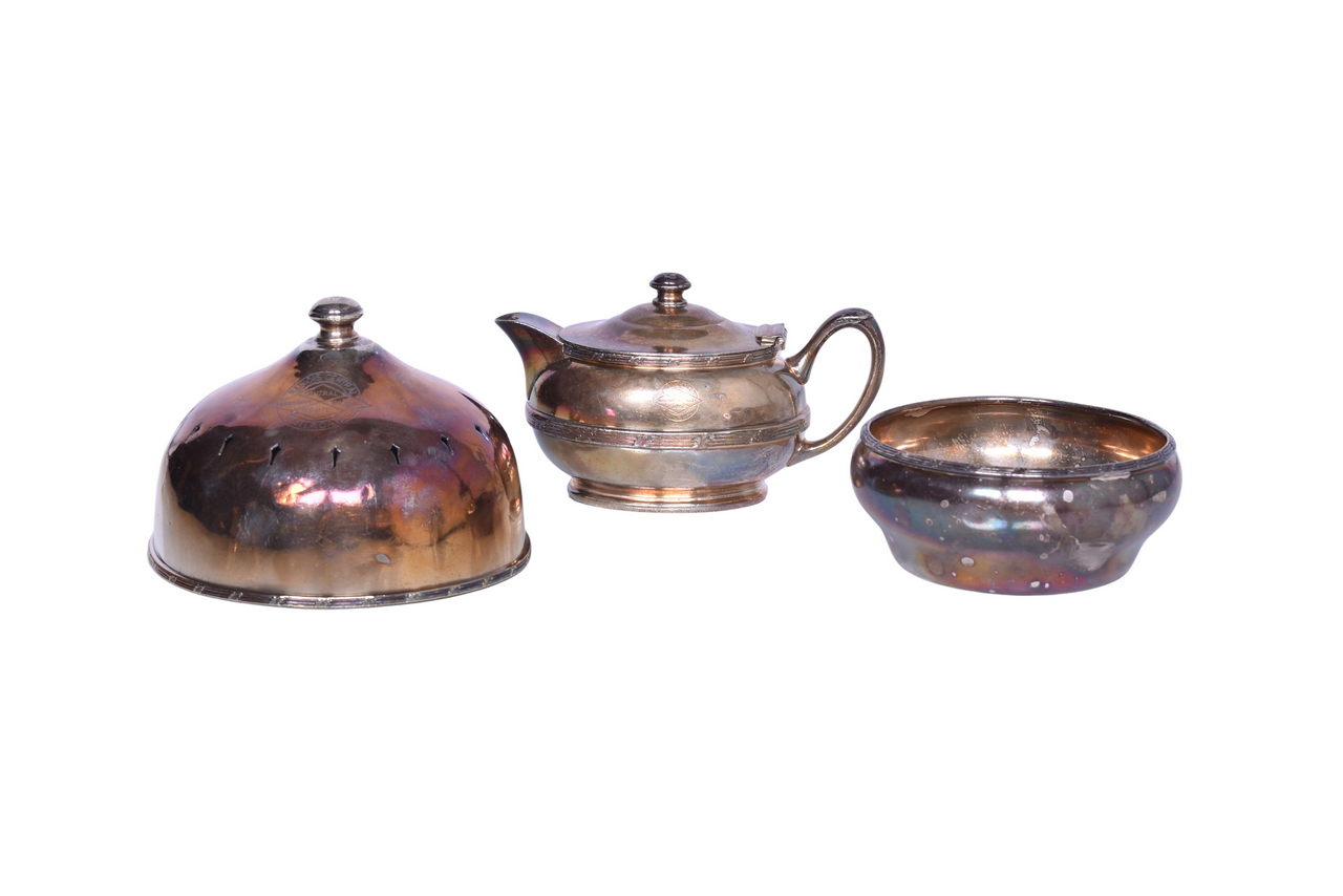 6057 - Three Pieces of R. Wallace Illinois Central Railroad Mississippi Valley Central Route Silver Coffee Pot, Hot Food Cover, and Bowl thumbnail