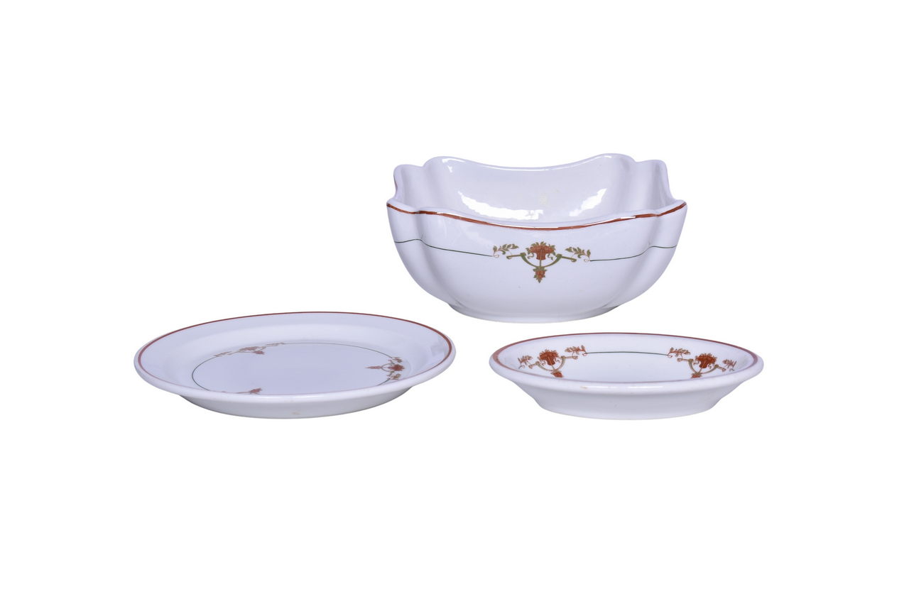 6067 - Three Pieces of Southern Railway China Peach Blossom Square Salad Bowl, Oval Bakers Dish, and Bread Plate thumbnail