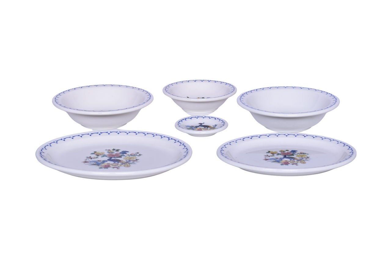 6071 - Six Pieces of Milwaukee Road Railroad China Peacock Butter Pat, Oval Platter Plates, and Bowls thumbnail