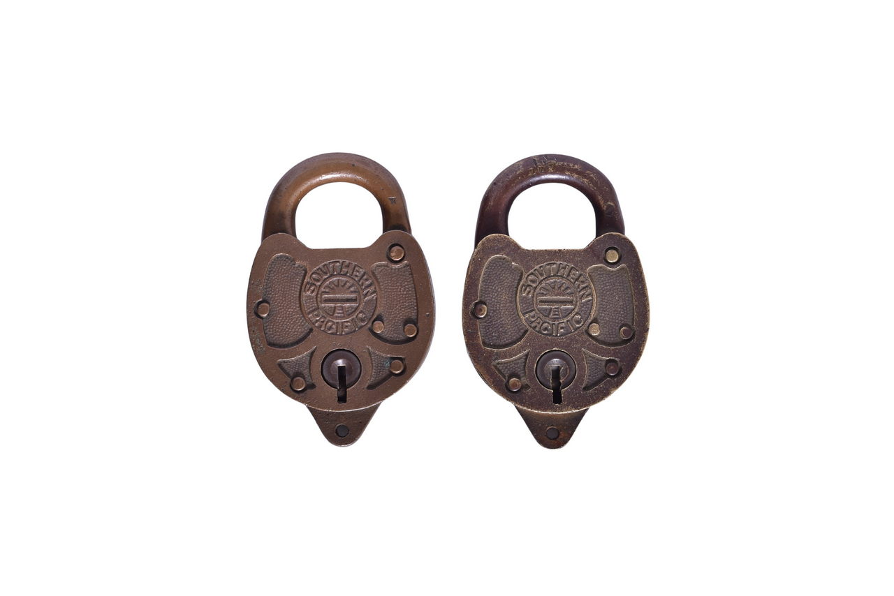 6082 - Pair of Southern Pacific Railroad Brass Sunset Logo Locks thumbnail