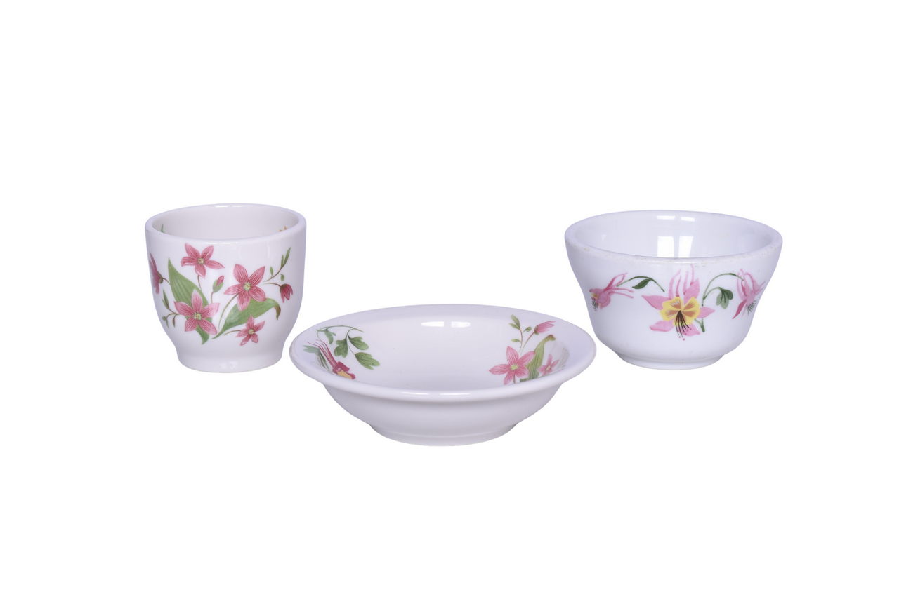 6087 - Three Pieces of Great Northern Railroad China Mountains and Flowers Double Egg Cup, Bouillon Cup, and Small Bowl thumbnail