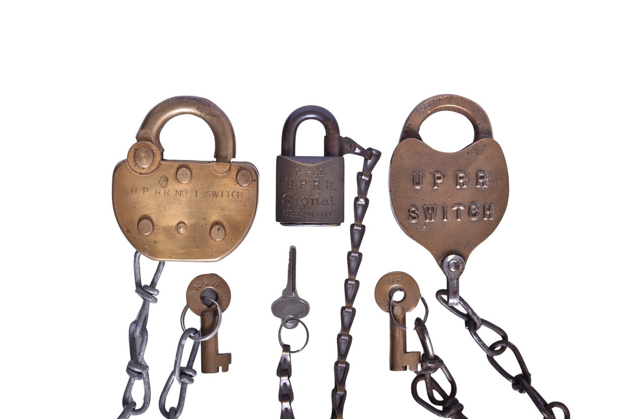 6098 - Three Union Pacific Railroad Locks - Corbin Signal, Adlake, Brass Switch thumbnail