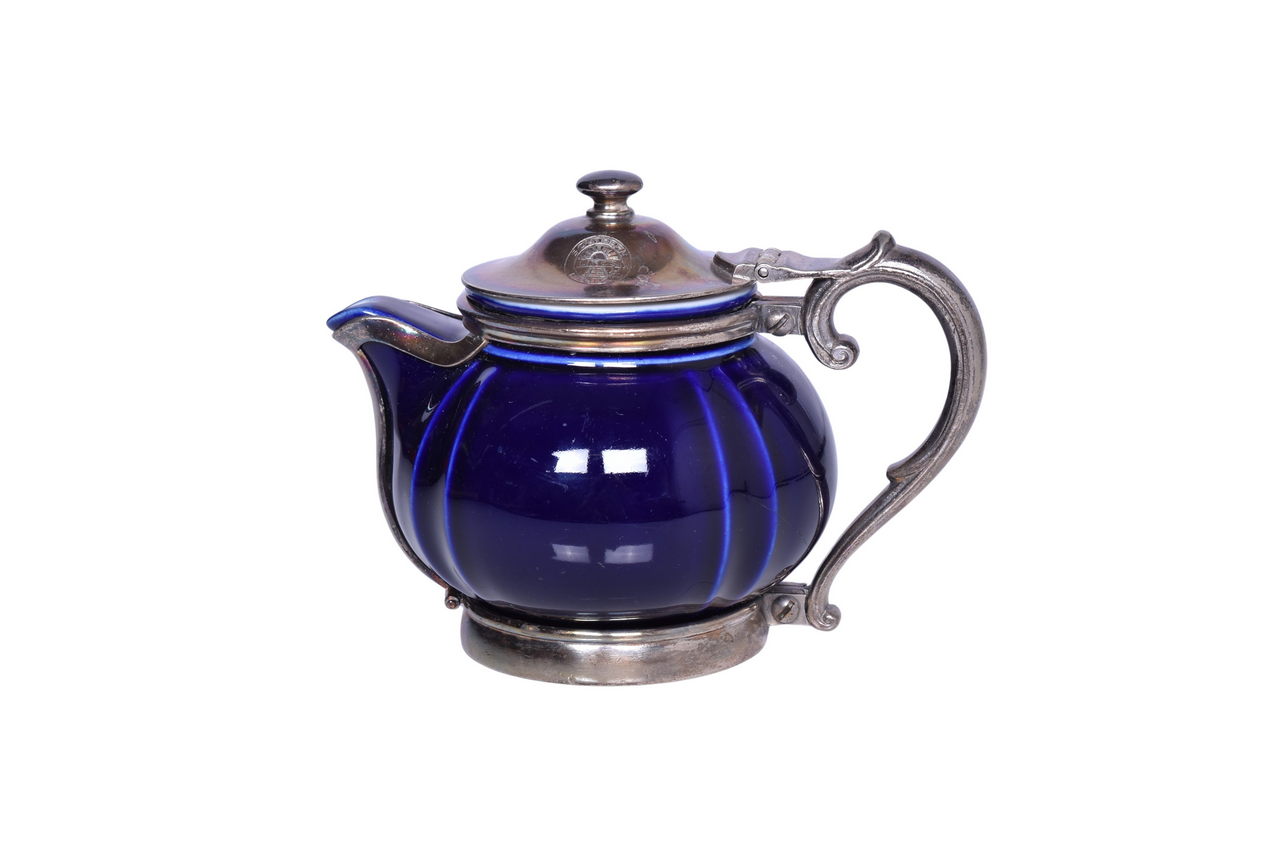 6141 - Reed & Barton Southern Pacific Lines Railroad Cobalt Blue Teapot w/ Silver Frame thumbnail