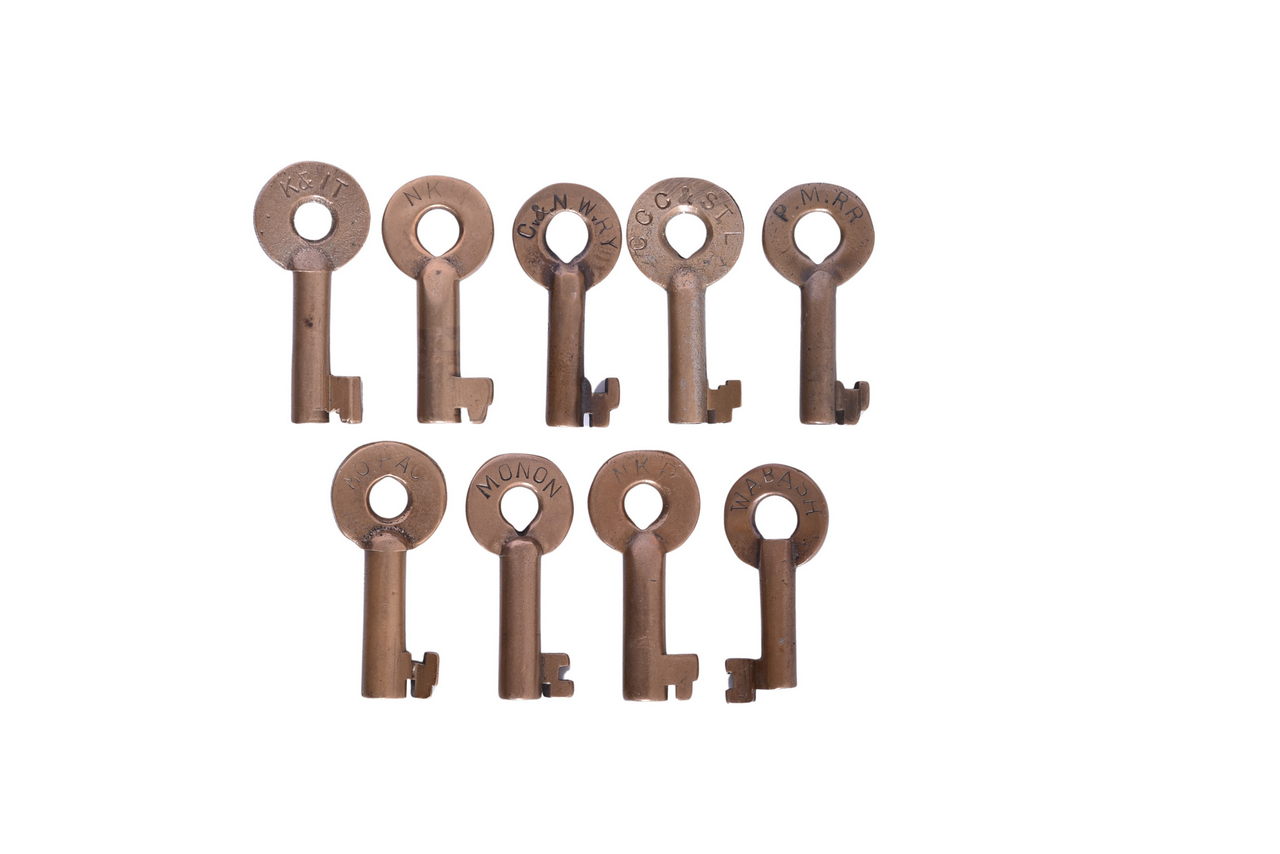 6160 - Nine Eastern Railroad Keys - Big Four, Monon, Wabash, Nickel Plate, Pere Marquette K&IT, Mopac, C&NW thumbnail