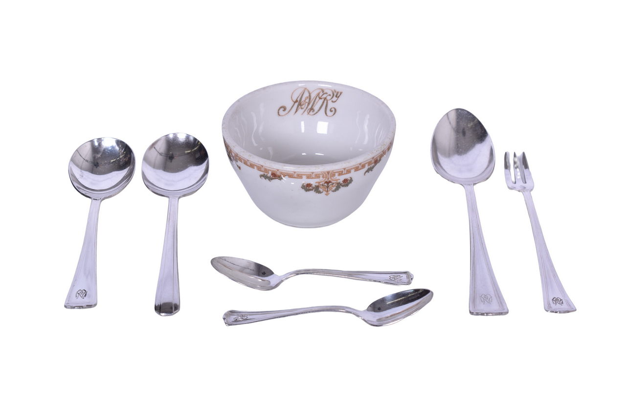 6163 - Seven Pieces of Norfolk and Western Railroad China Cavalier Bouillon Cup and Cromwell Flatware thumbnail