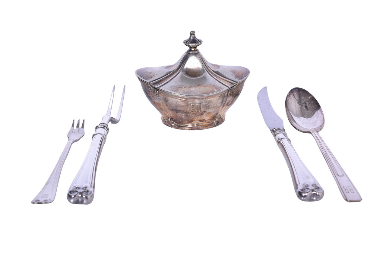 6169 - Five Pieces of Burlington Route Dining Car Silver - Sugar Bowl, Belmont Carving Knife & Fork, Cocktail Fork, and Desert Spoon thumbnail