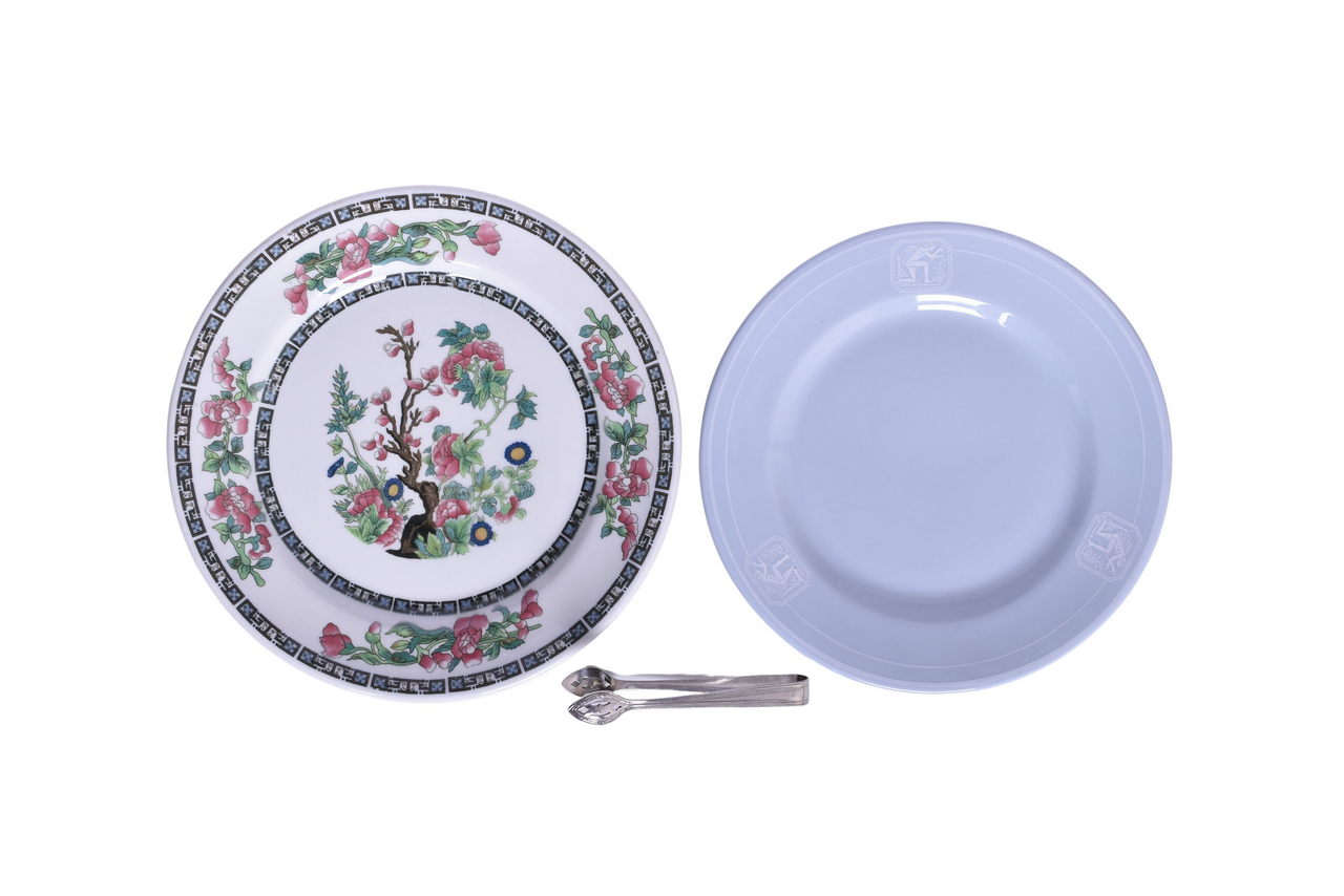 6175 - New York, New Haven, & Hartford Railroad China Indian Tree Plate, Platinum Blue Plate, and Silver Sussex Sugar Tongs thumbnail