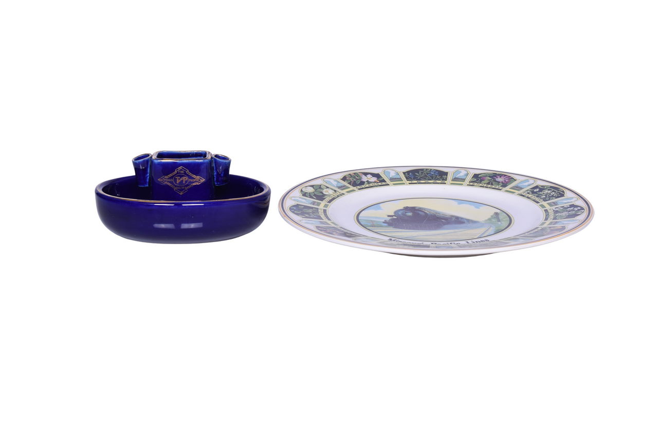 6179 - Missouri Pacific Lines Railroad China State Flowers Service Plate and Texas & Pacific Cobalt Blue Ashtray thumbnail