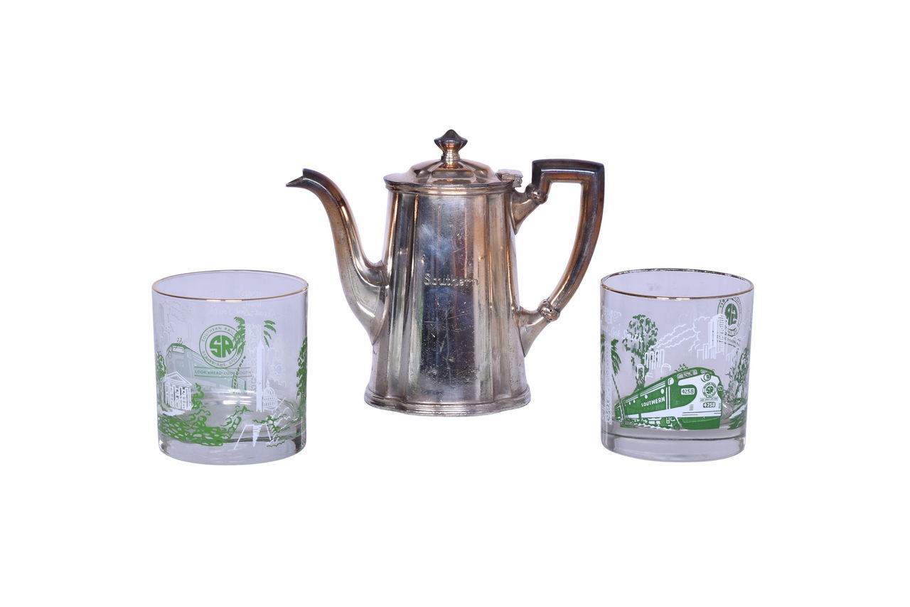 6185 - Southern Railway Reed & Barton Silver Teapot and Two Drinking Glasses thumbnail