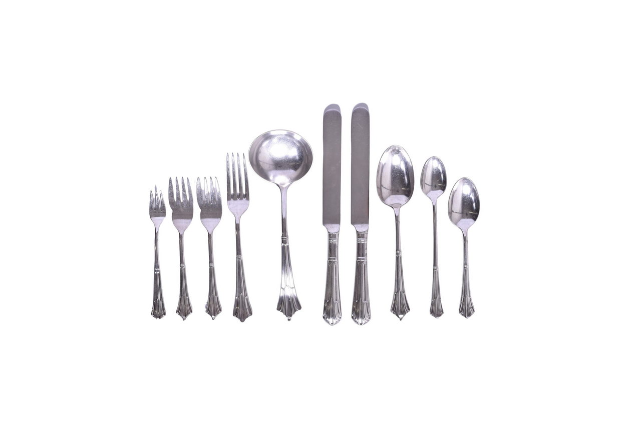 6189 - Ten Pieces of Santa Fe Railroad Albany Silver Flatware - Gravy Ladle, Oyster Fork, Cake Fork, Iced Teaspoon, and More thumbnail