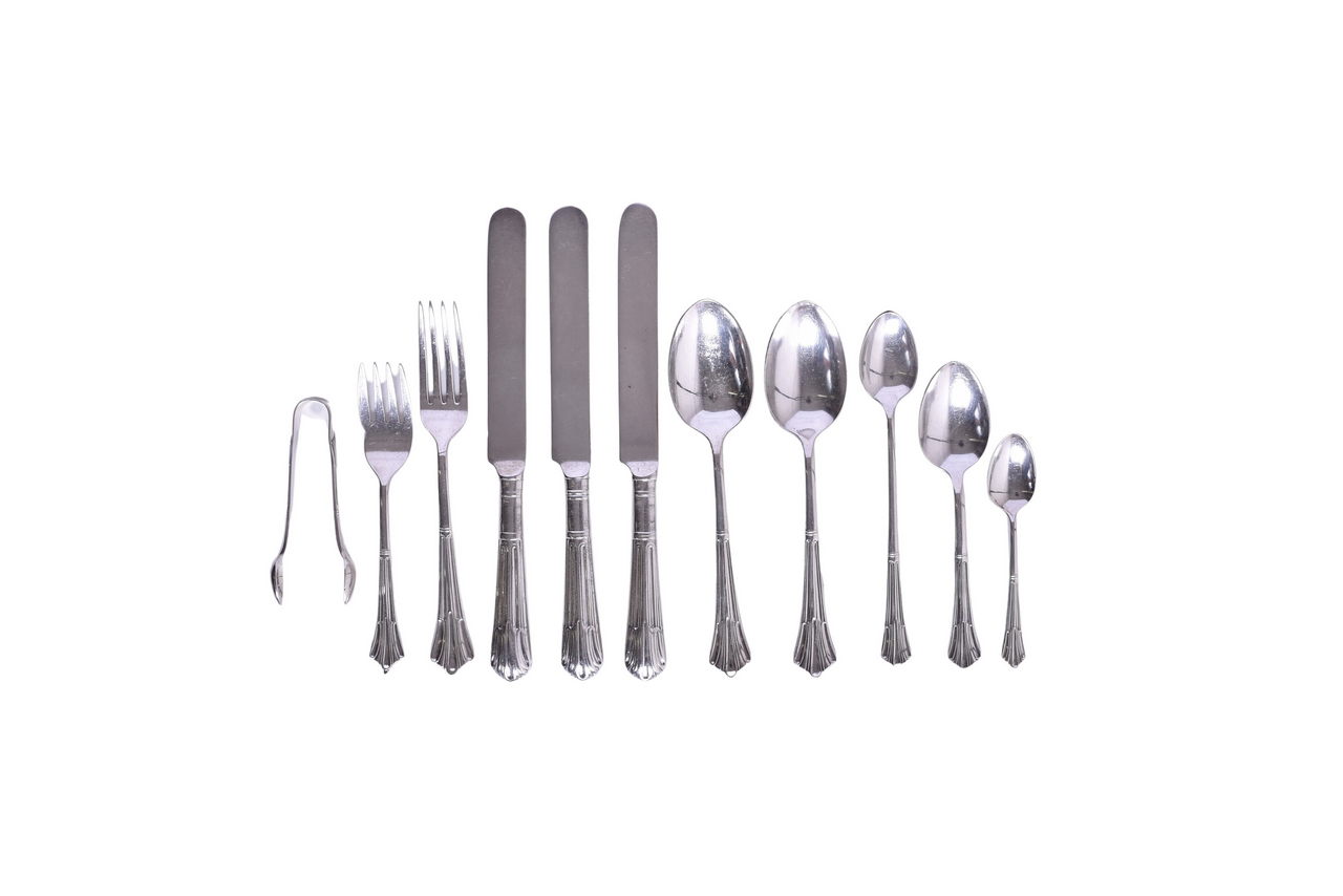 6193 - Eleven Pieces of Santa Fe Railroad Albany Silver Flatware - Sugar Tongs, Demitasse Spoon, Cake Fork, Iced Teaspoon, and More thumbnail
