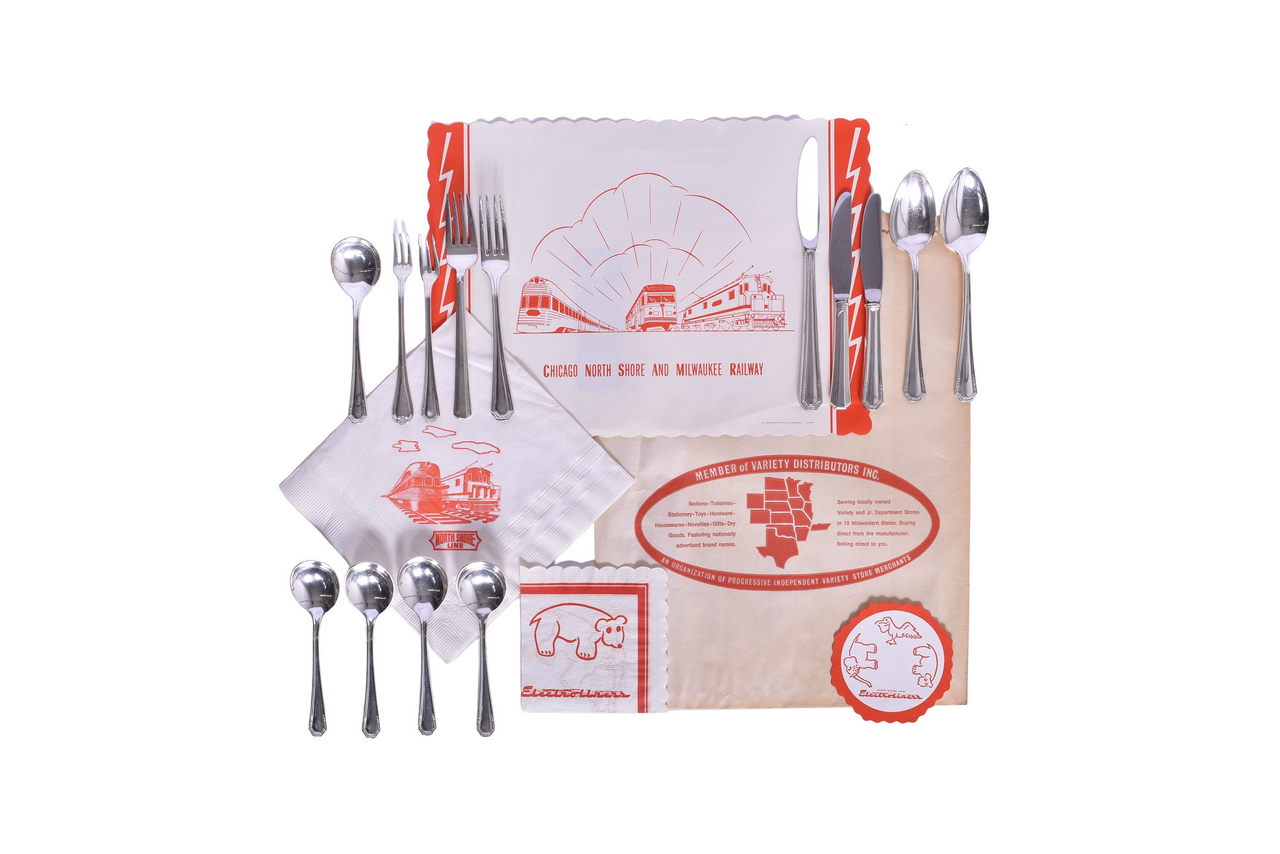 6195 - Eighteen Pieces of Milwaukee Road Silver Flatware and North Shore Line Dining Paper thumbnail