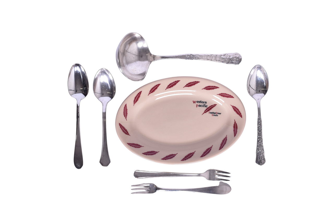 6197 - Seven Pieces of Union Pacific and Western Pacific Railroad Silver Flatware and China Oval Plate thumbnail