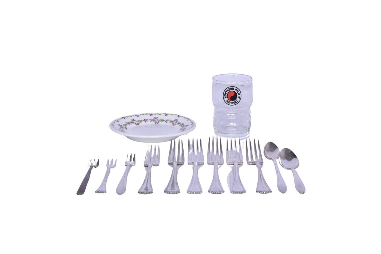 6199 - Thirteen Northern Pacific Railroad Dining Car Items - Alden Monad Silver Flatware, Garnet Plate, Drinking Glass, and More thumbnail