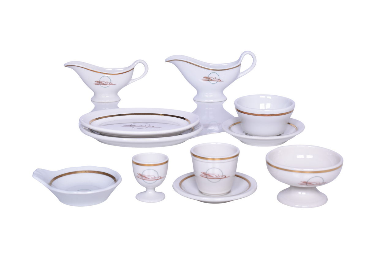 6231 - Eleven Pieces of Union Pacific Railroad Winged Streamliner China Demitasse Set, Ice Cream Shell, Sherbet Cup, Sauce Boat, and More thumbnail