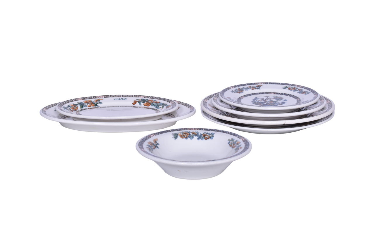 6271 - Seven Pieces of Pullman Indian Tree and Unmarked China - Bowl, Oval Platters, Butter Pat, Bread Plate, and More thumbnail