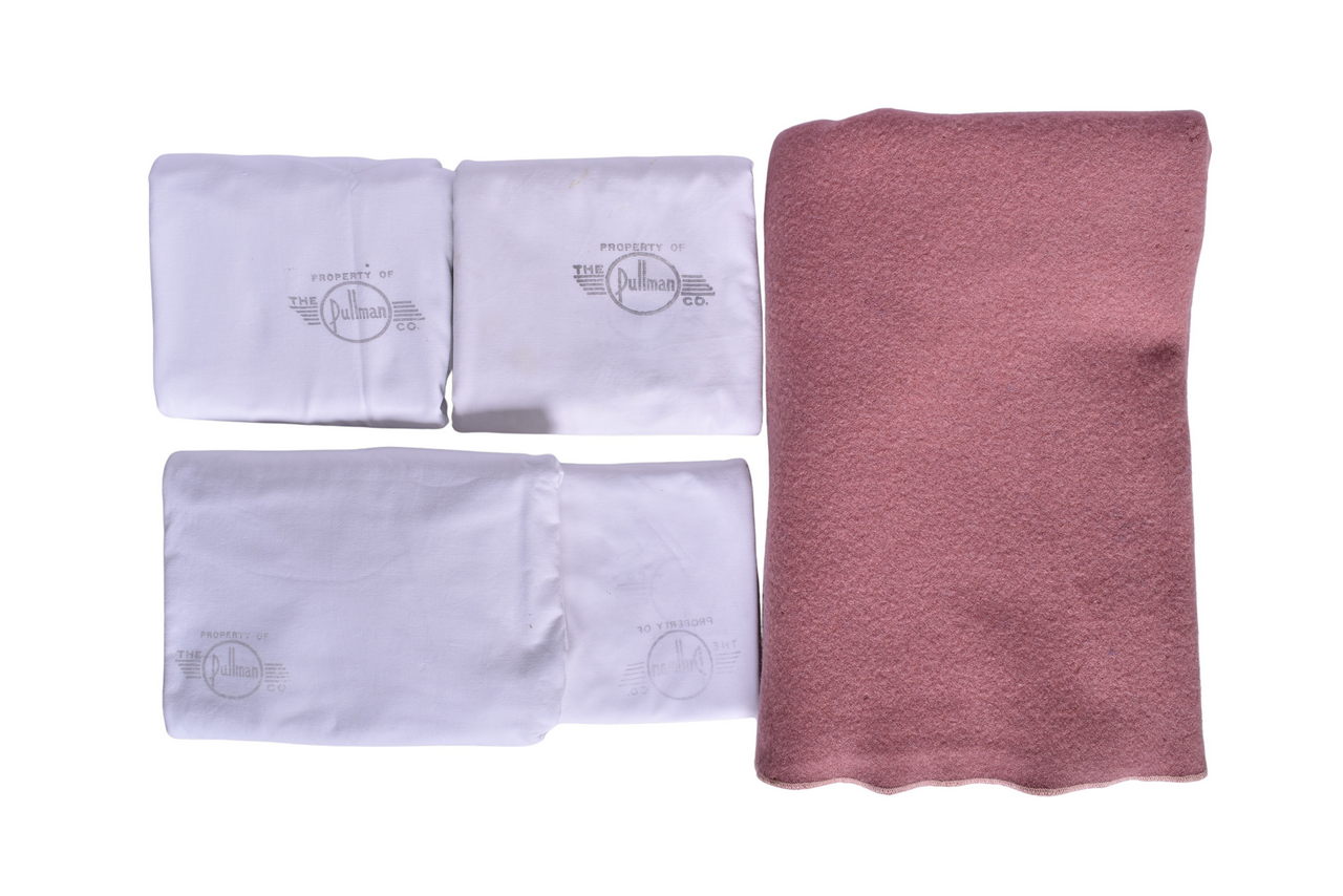 6315 - Four Pullman Railroad Sleeping Car Twin Bed Flat Sheets and Unmarked Pullman Style Wool Blanket thumbnail