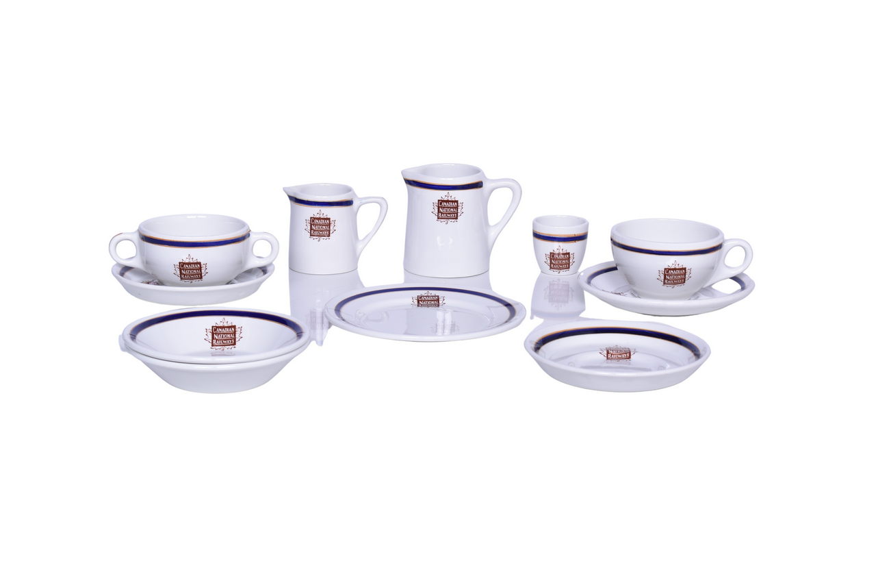 6319 - Eleven Pieces of Canadian National Railways China Bonaventure Double Handled Bouillon Cup, Creamer, Coffee Cup, Etc. thumbnail