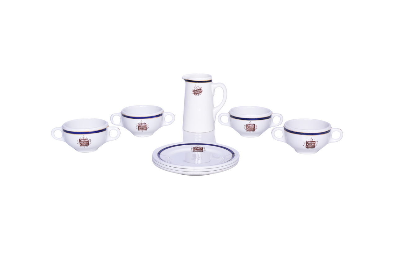 6325 - Eight Pieces of Canadian National Railway China Bonaventure Creamer, Double Handled Bouillon Cups, and Plates thumbnail