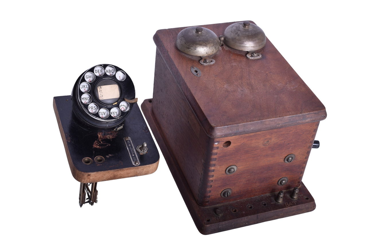 6330 - Wooden Telephone / Telegraph Ringer Box and Rotary Telephone Desk Mount thumbnail