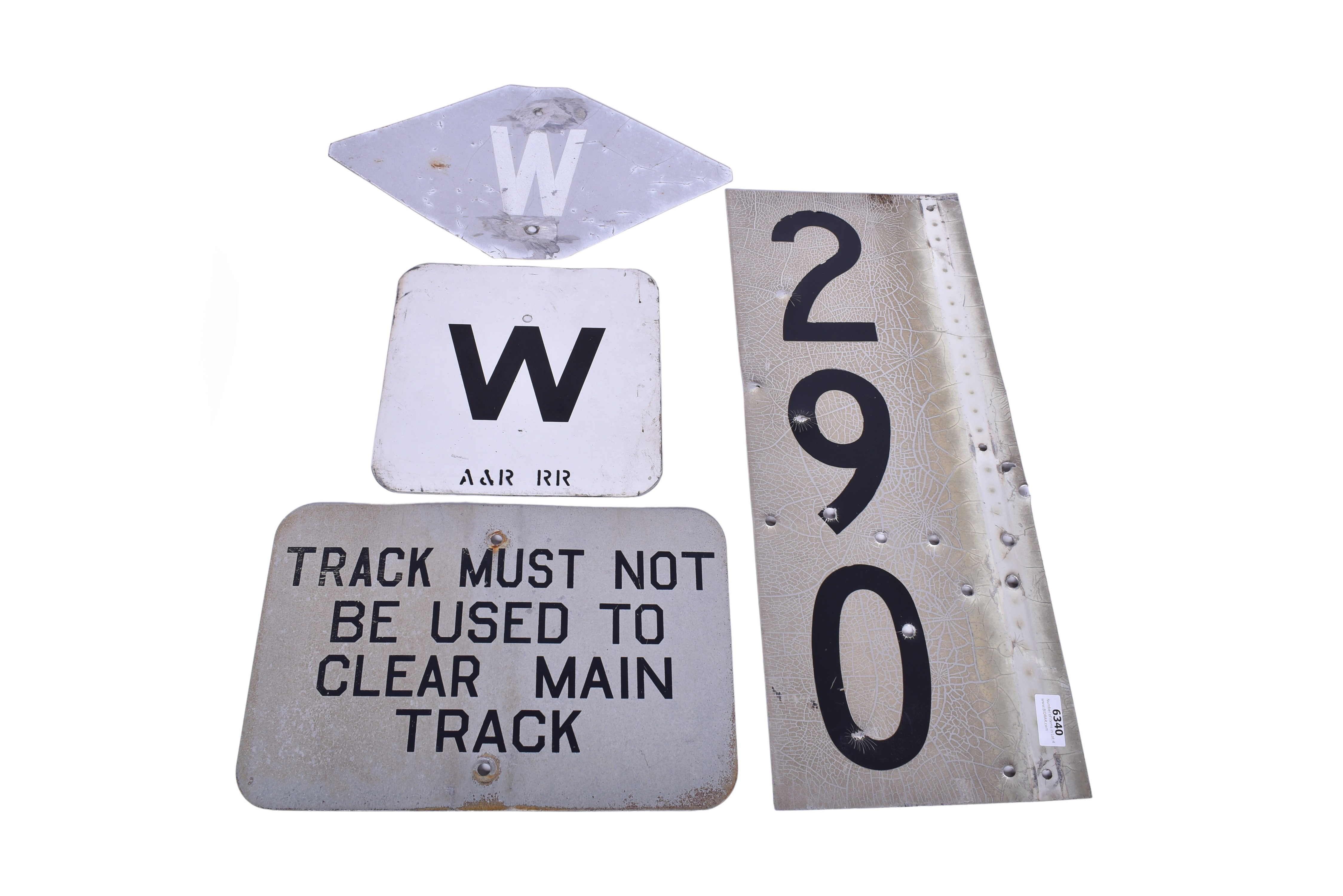 6340 - Four Aluminum Railroad Signs - Clear Main Track, Whistle, and Mile Post thumbnail