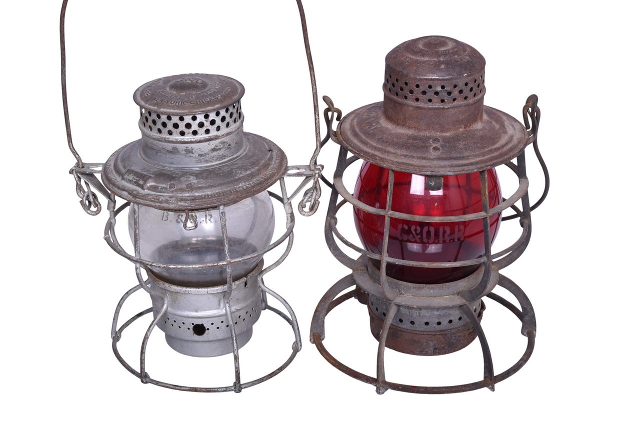 6345 - Armspear Chesapeake and Ohio Railroad Lantern w/ Red Etched Tall Globe, Adlake 250 Kero Lantern, and Baltimore and Ohio Etched Globe thumbnail