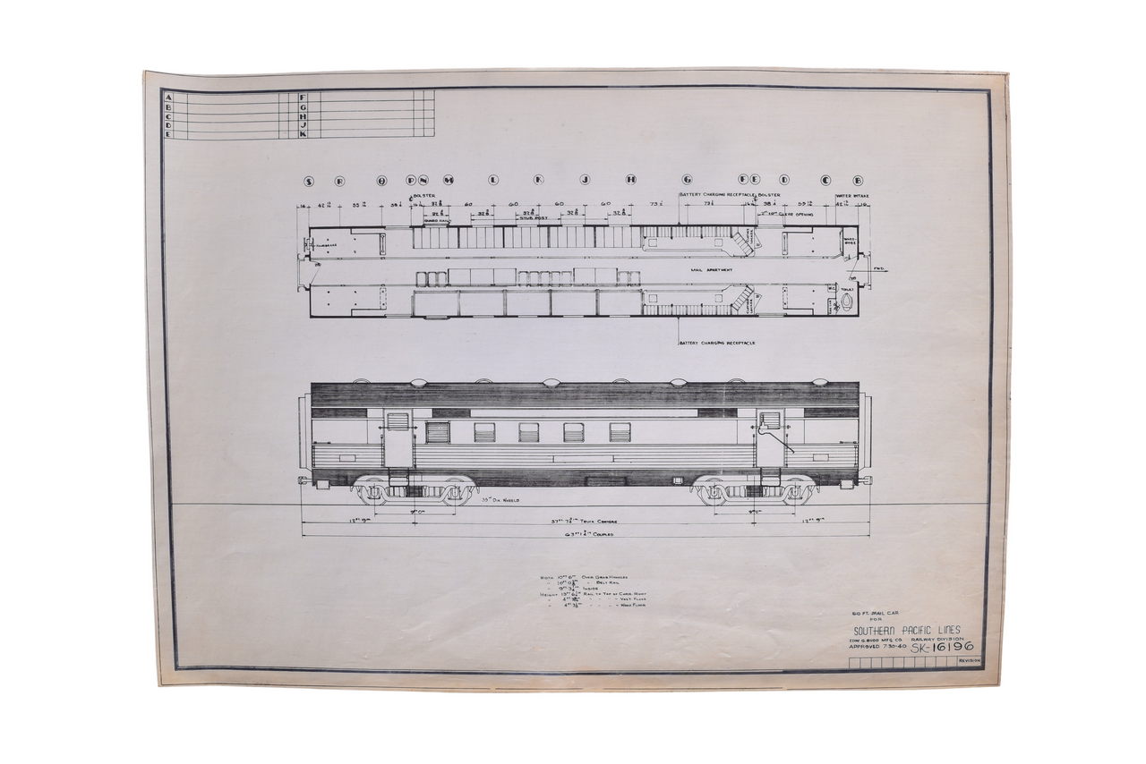 6550A - Original 1940 Prewar Budd Manufacturing Drawing - Southern Pacific 60 Ft. Mail / RPO Car thumbnail