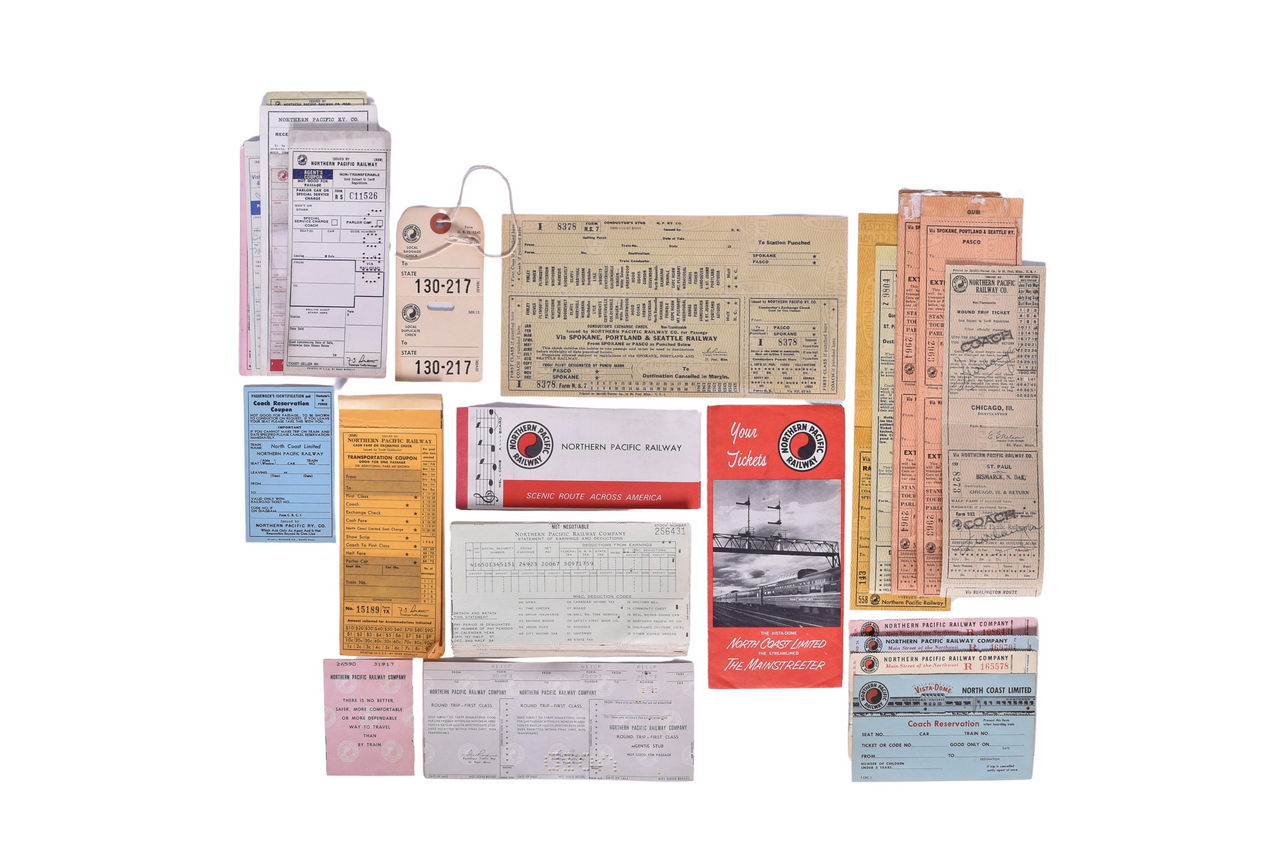 954 - Roughly 80 Northern Pacific Railway Tickets and Pay Stubs thumbnail