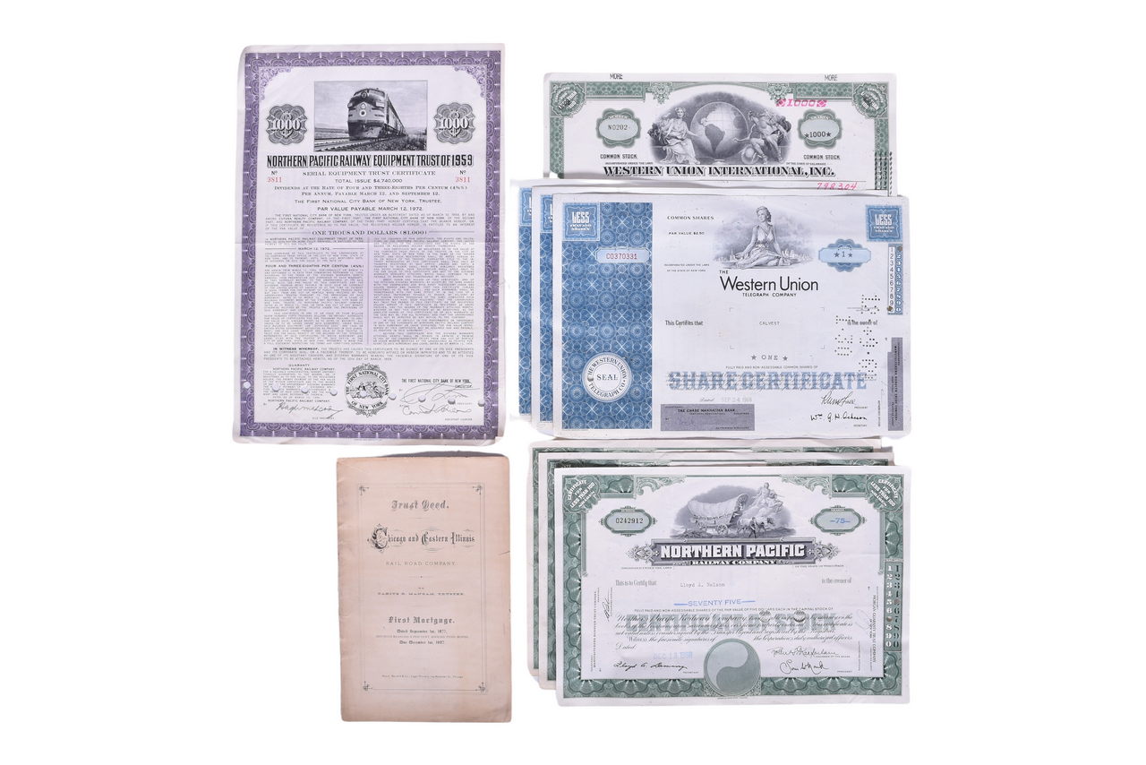 976 - Seven Cancelled Northern Pacific and Western Union Railroad Stocks, Trust Deed, and More thumbnail