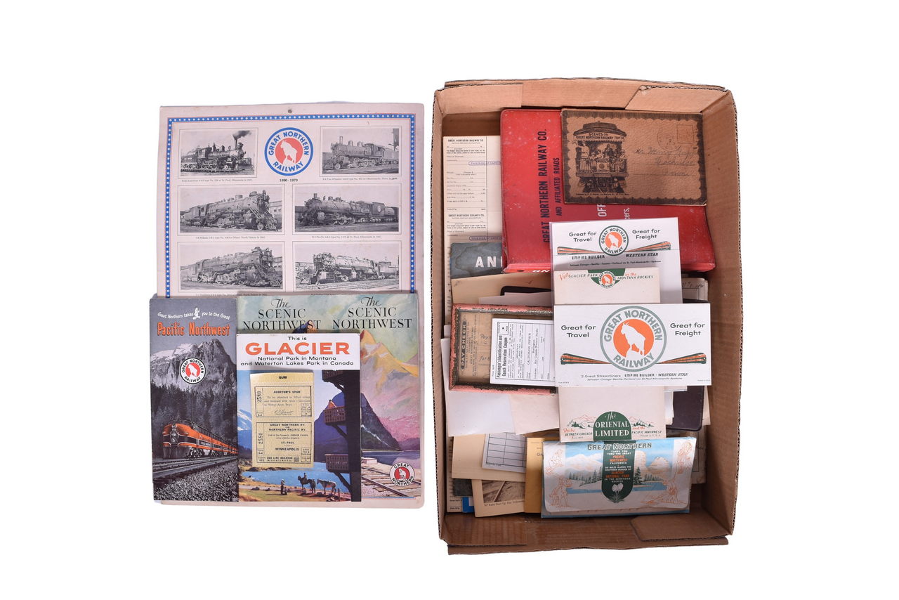 979 - Collection of Great Northern Railroad Paper Ephemera - Travel Guides, Employee Papers, Timetables, Ink Blotter, Etc. thumbnail