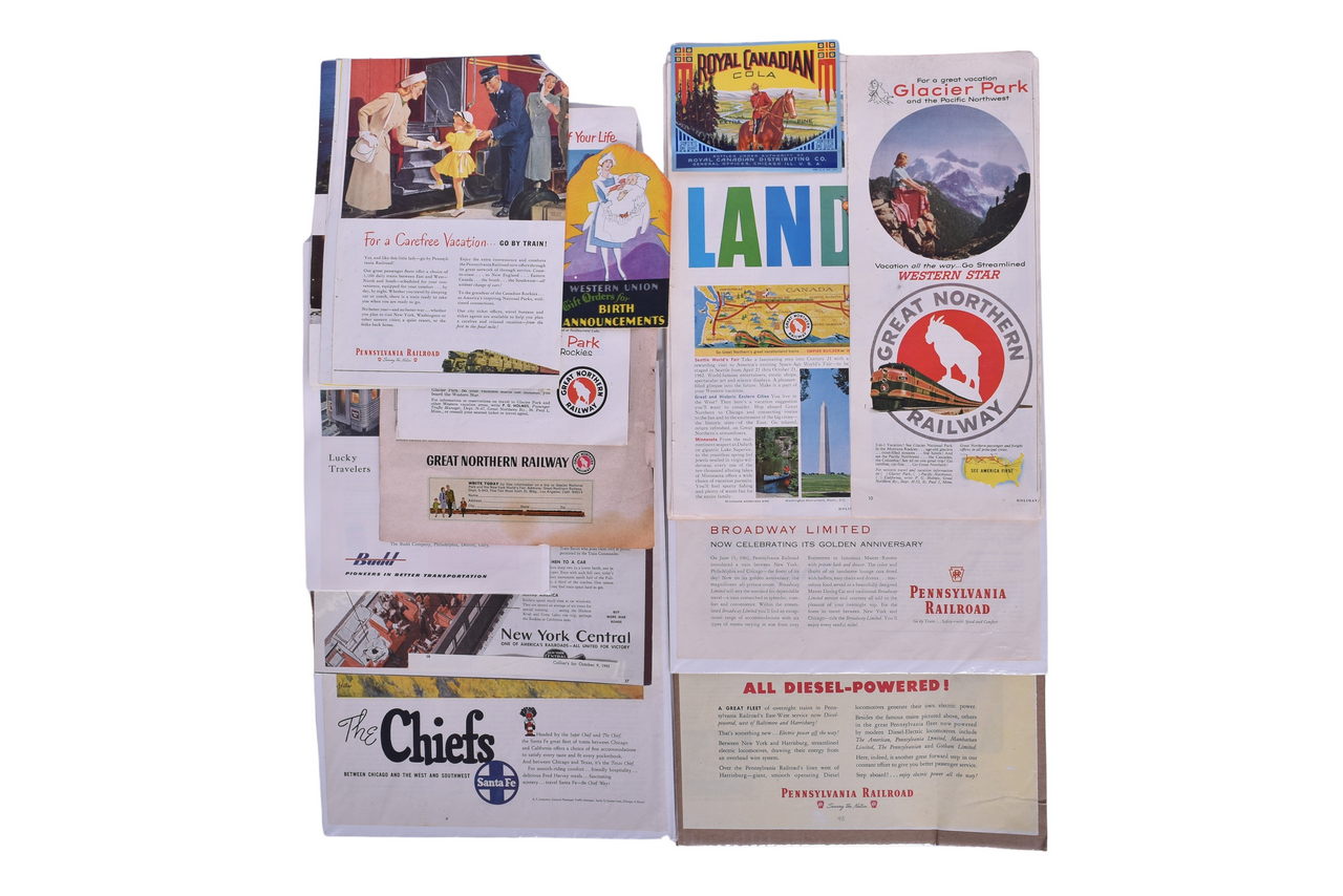 987 - Twenty-One Assorted Railroad Print Advertisements - Great Northern, Pennsylvania, Santa Fe, New York Central, and More thumbnail