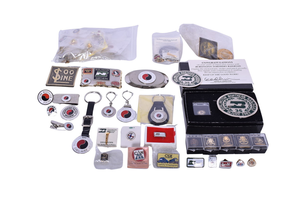 997 - Collection of Railroad Pins, Keychains, and Belt Buckles - Northern Pacific, Burlington Northern, Louisville & Nashville, and More thumbnail
