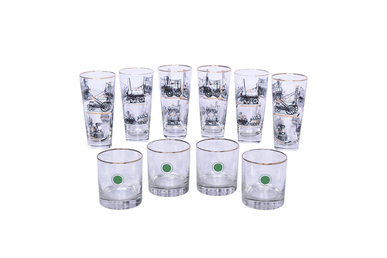 1005 - Set of Southern Railway Green Dot Lowball Old Fashioned Glasses and Libbey Railroad Steam Engine Glasses thumbnail