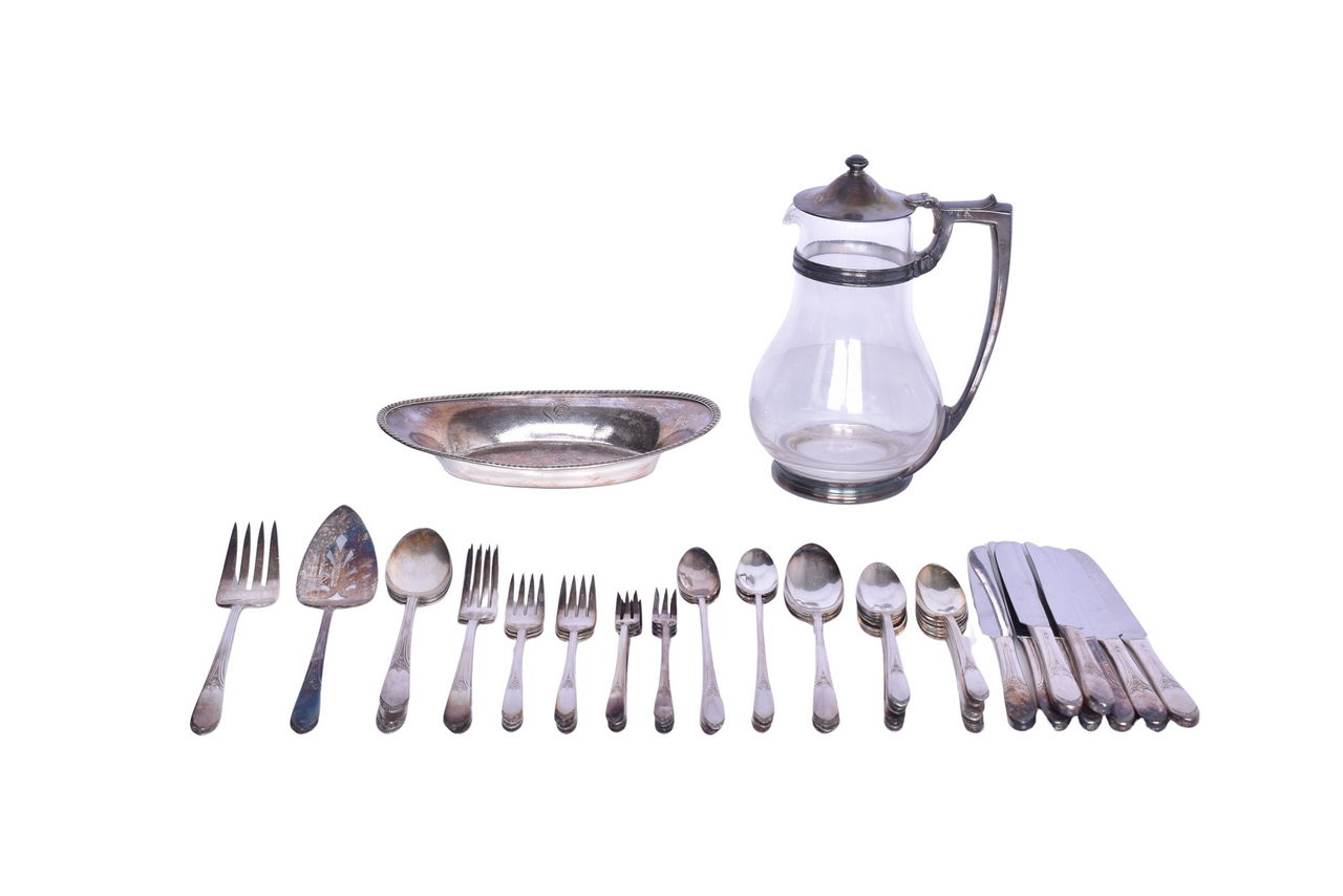 1007 - Golden Gate Water Pitcher, Fifty-Four Pieces of WM Rogers IS Railroad Restaurant Flatware and Terrace Plaza Rooster Bread Tray - Iced Tea Spoons, Cocktail Oyster Forks, and More thumbnail