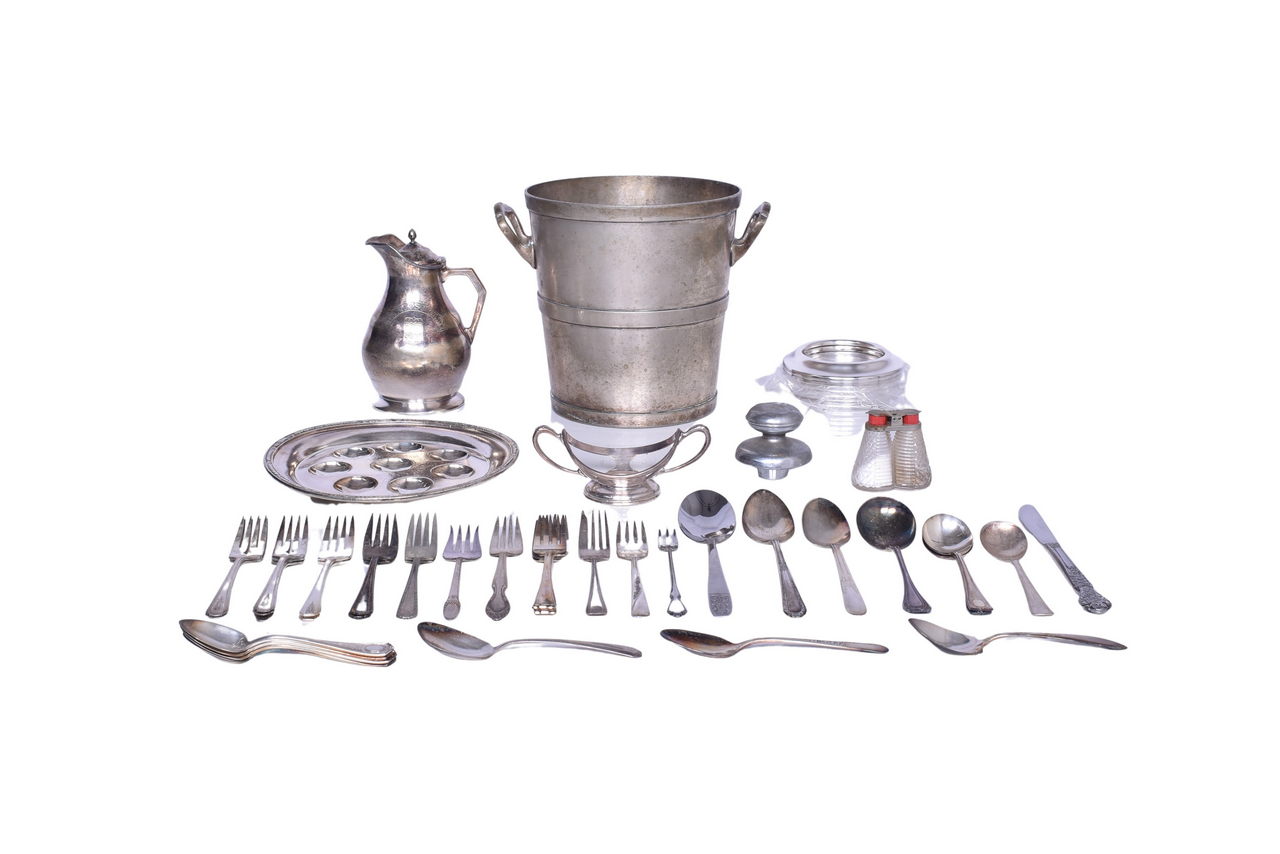 1015 - Collection of Silver Railroad Items - Ice Bucket, Flatware, Stanley Thermos, Egg Tray, Collars, Sugar Bowl Frame, and More thumbnail