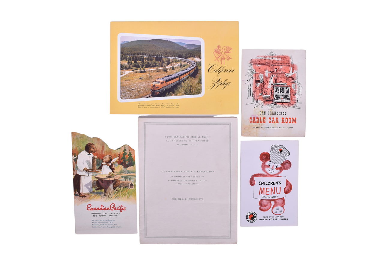 1081 - Group of Five Railroad Menus - California Zephyr, Canadian Pacific Children's Menu, Southern Pacific, and Northern Pacific thumbnail