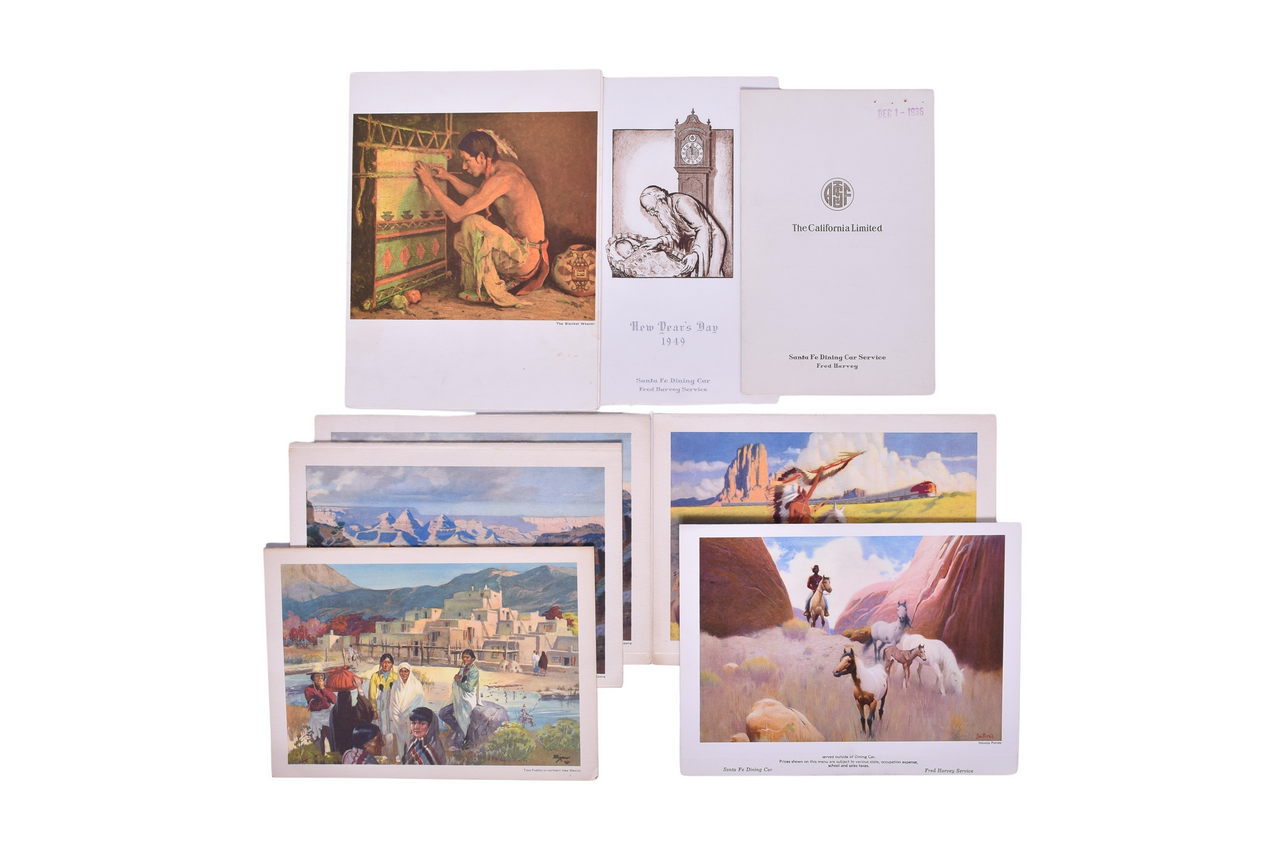 1083 - Eight Santa Fe Railroad Fred Harvey Service Dining Car Menus - 1936 California Limited, 1949 New Year's Day, Etc. thumbnail