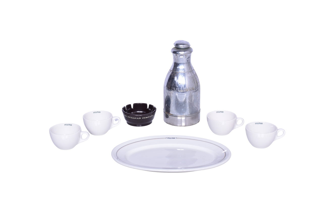1093 - Seven Pieces of Pullman Railroad China, Silver Stanley Thermos Carafe, and Ash Tray thumbnail